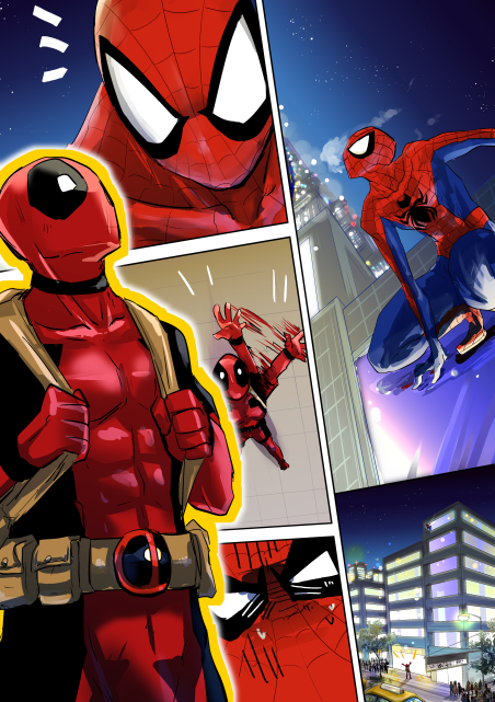 2boys, angry, belt, bodysuit, building, capcom, city, comic, deadpool, frown, kankitsurui_(bigarade_moon), marvel, marvel_vs._capcom, mask, multiple_boys, multiple_views, night, peter_parker, pixiv_manga_sample, spider-man, spider-man_(series), sweatdrop, waving