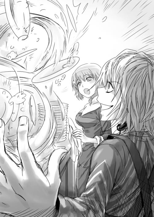 1boy, 1girl, accelerator, apron, ino1, inoichi, monochrome, nun