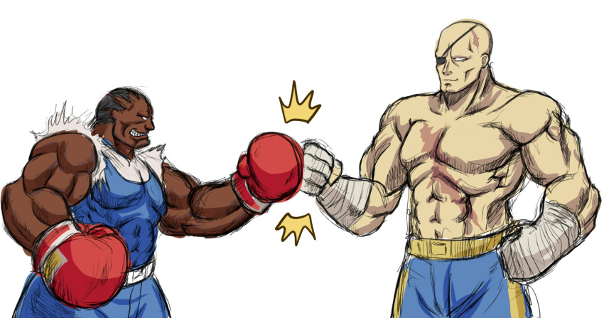 2boys, abs, boxing_gloves, capcom, eyepatch, fist_bump, hounin, m_bison