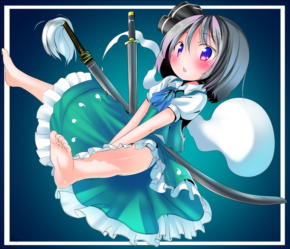 1girl, barefoot, blush, feet, female, hairband, katana, konpaku_youmu