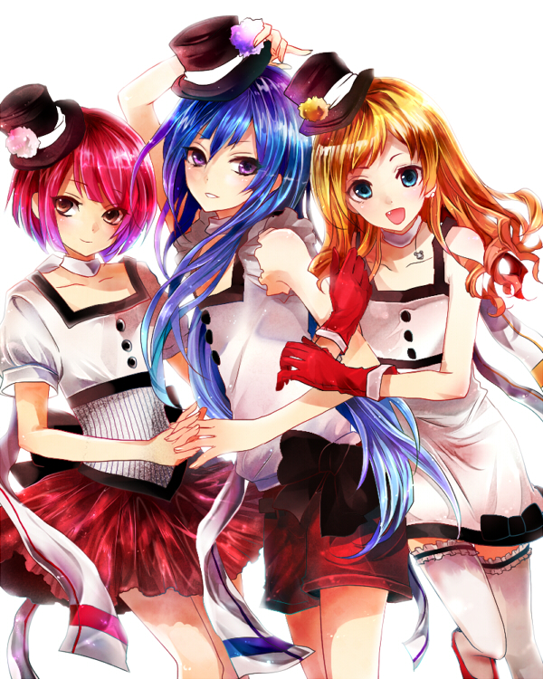 3boys, 3girls, aoyagi_tamasaburou, arms_up, bad_id, blonde_hair, blue_eyes, blue_hair