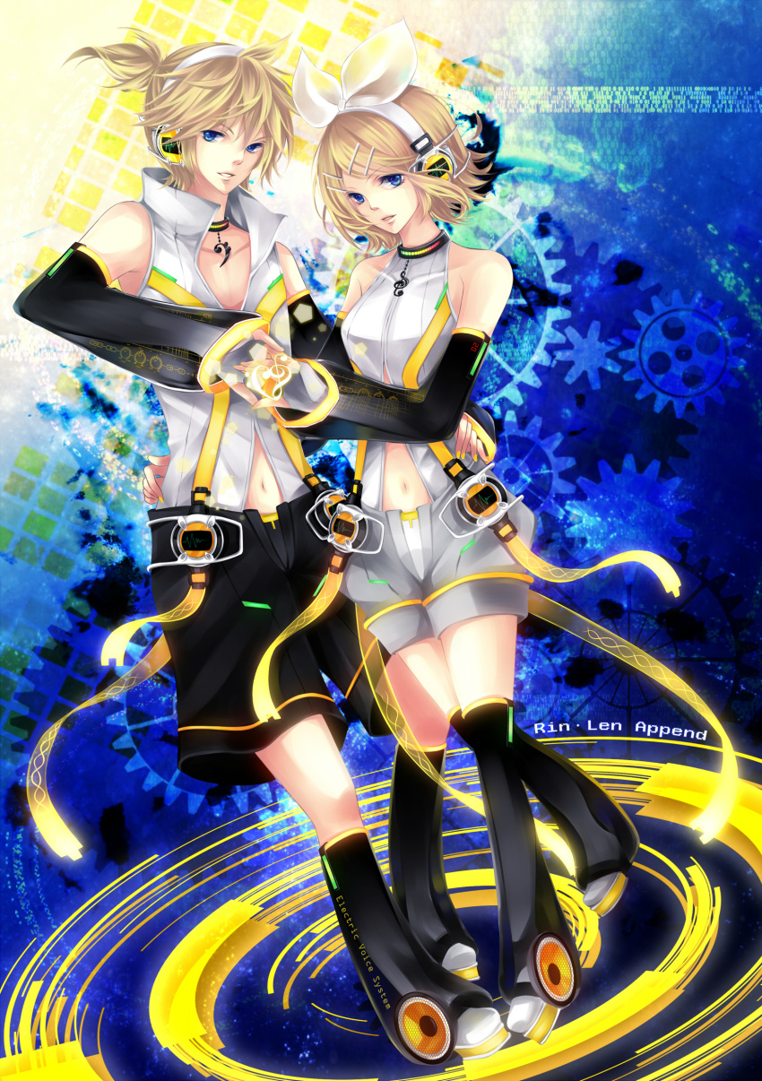 absurdres, arm_warmers, blonde_hair, blue_eyes, brother_and_sister, detached_sleeves, hair_ornament, hair_ribbon