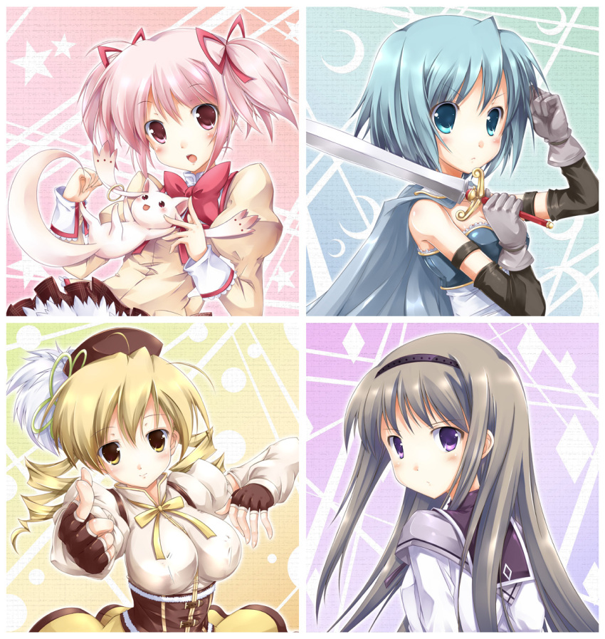 4girls, akemi_homura, black_hair, blonde_hair, blue_eyes, blue_hair, cape, drill_hair