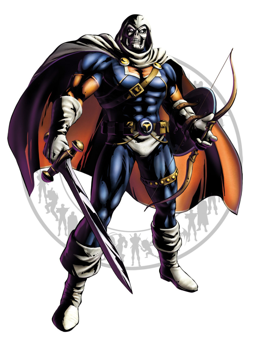 1boy, arrow, belt, boots, bow_(weapon), capcom, cape, full_body