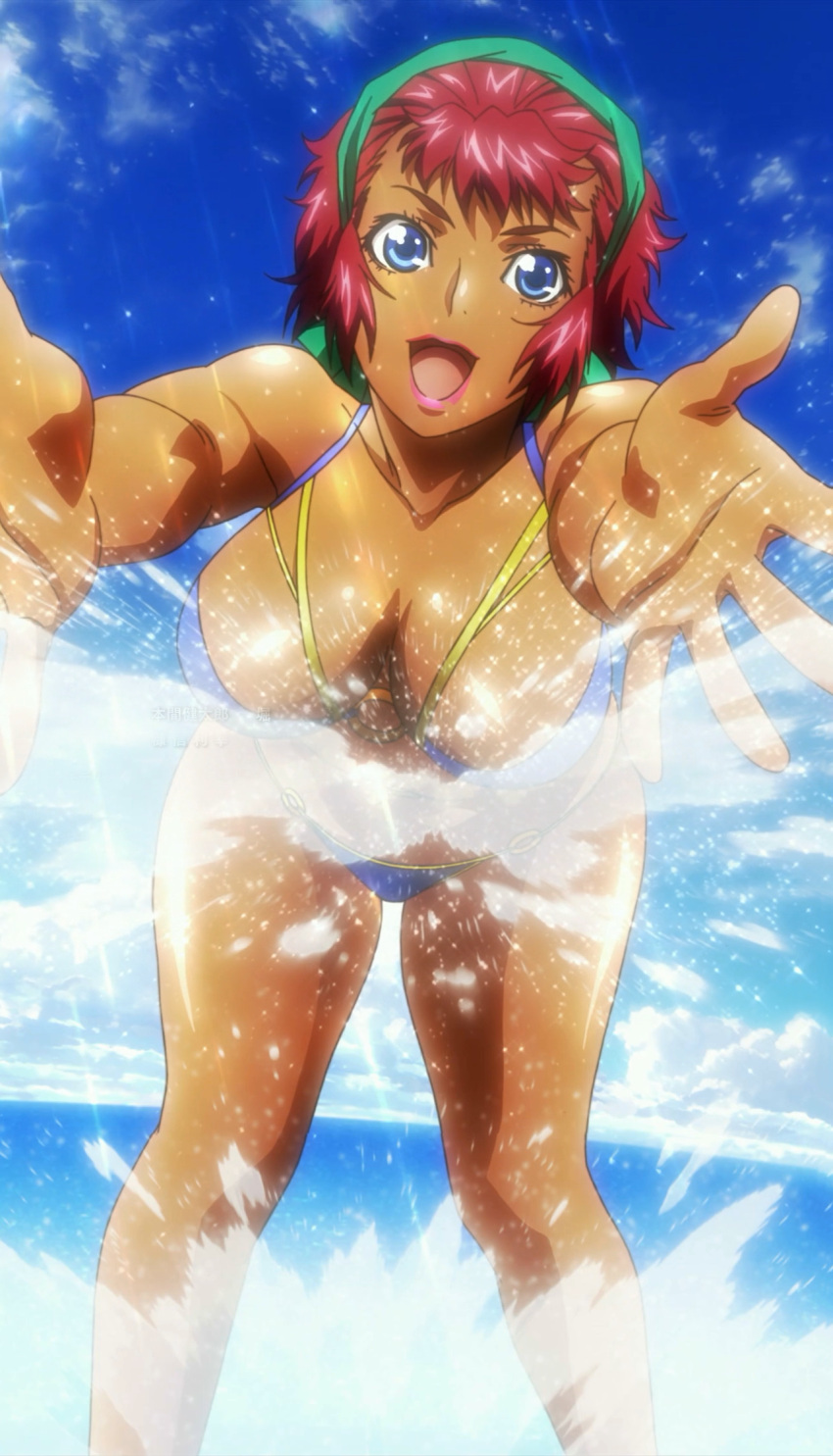 1girl, banpresto, bikini, blue_eyes, clouds, dark_skin, hairband, highres