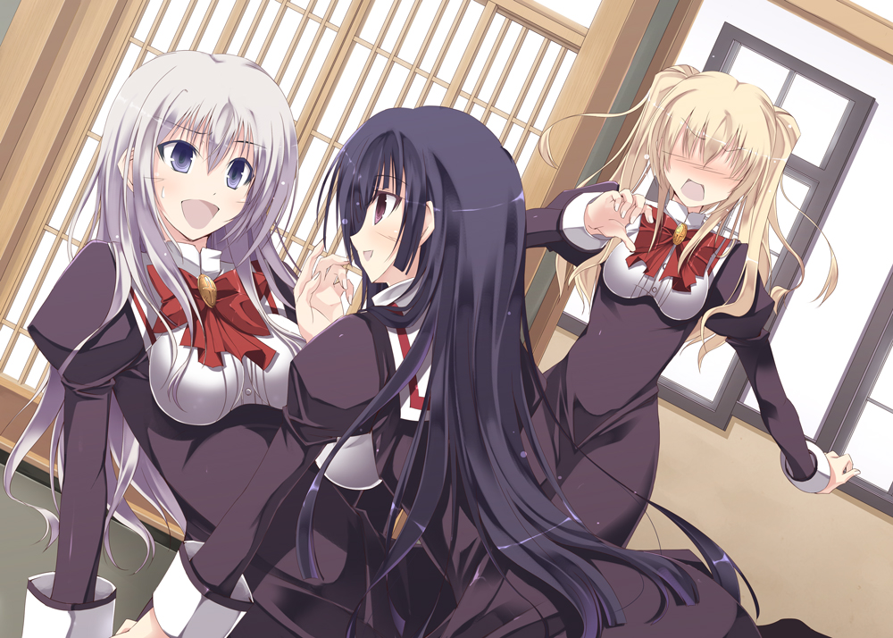 1boy, 2girls, black_hair, blue_eyes, blush, kisakinomiya_chihaya, long_hair, multiple_girls