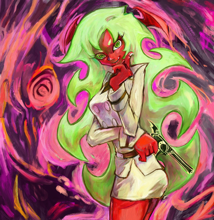 1girl, bad_id, demon_girl, double_gold_lacytanga, fang, green_eyes, green_hair, gun