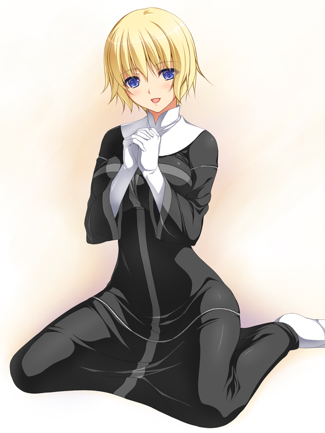 1girl, blonde_hair, blue_eyes, blush, gloves, hands_clasped, nakano_sora, nun