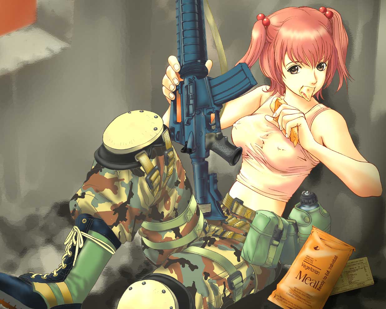1girl, army, assault_rifle, belt, boots, breasts, camouflage, canteen
