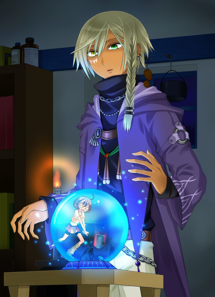 1boy, 1girl, ahoge, asymmetrical_hair, bad_id, blonde_hair, bookshelf, braid