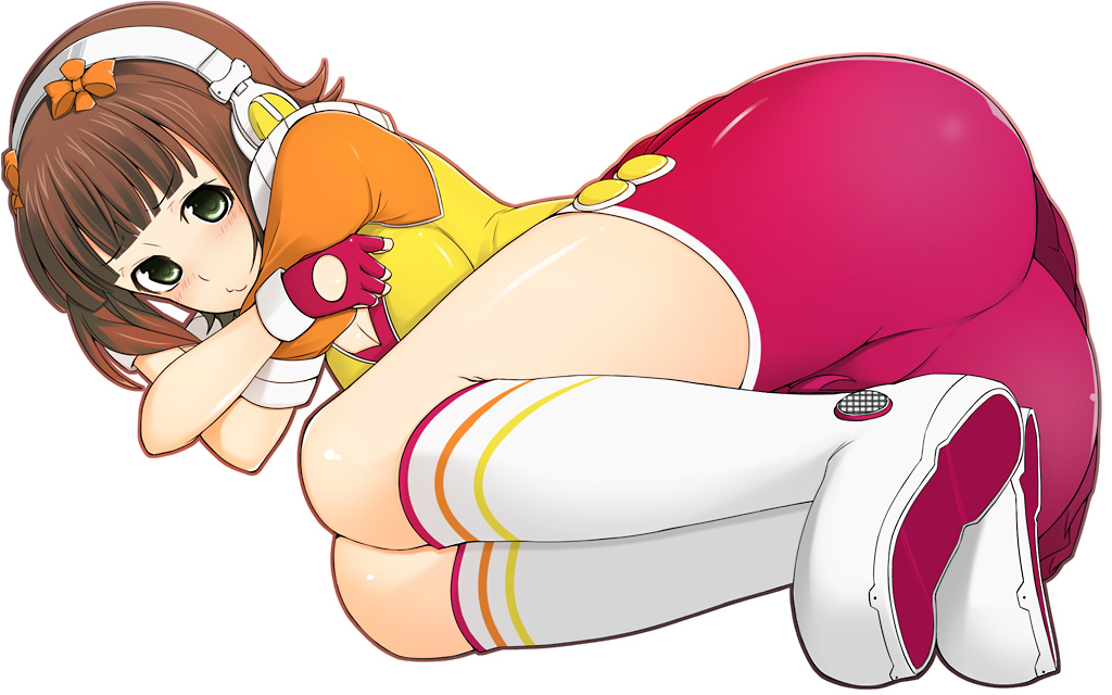 ass, blush, breasts, cleavage, fingerless_gloves, gloves, headphones, idolmaster