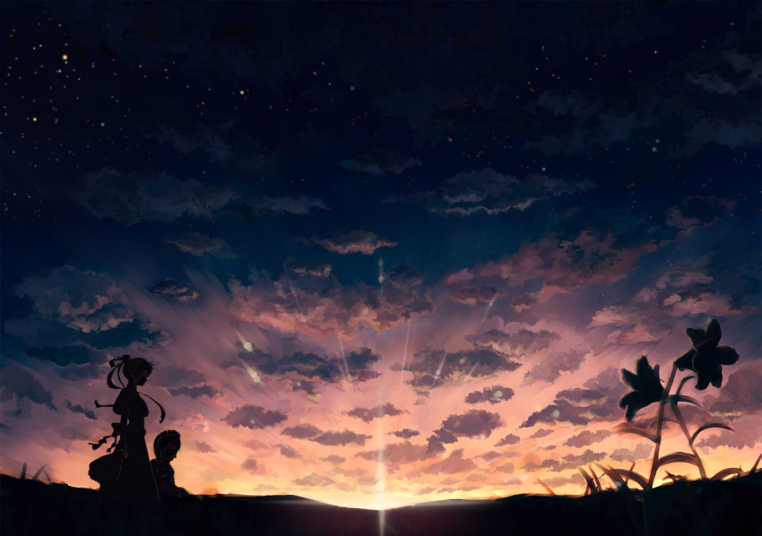 2girls, clouds, flower, highres, jakku, multiple_girls, night, original