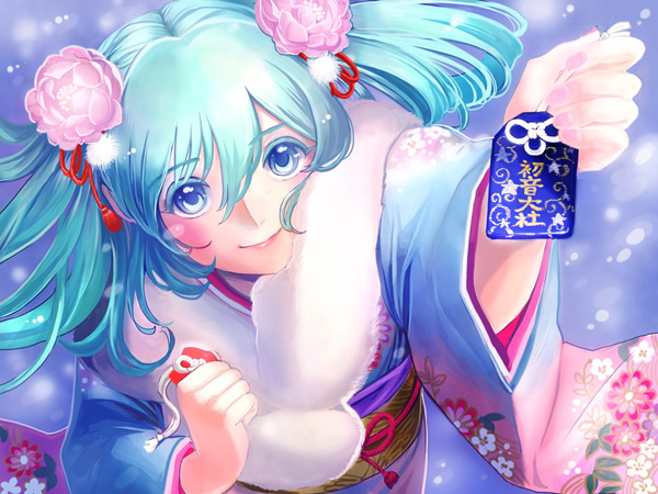 1girl, aqua_hair, blue_eyes, hatsune_miku, hetare_oekaki, japanese_clothes, kimono, meusan, solo, twintails, vocaloid