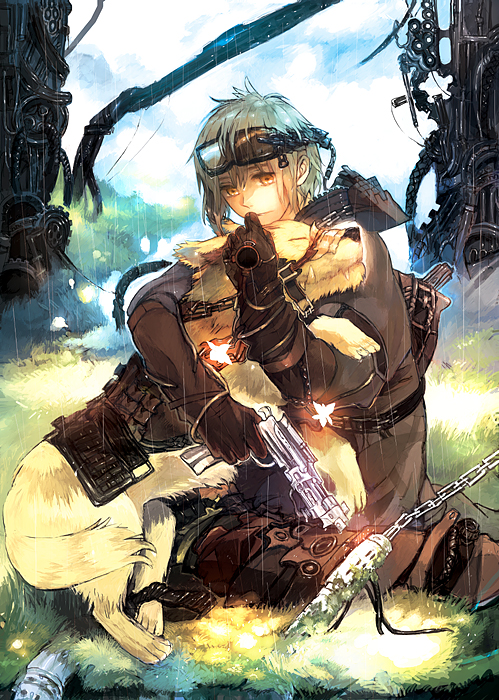 1boy, animal, brown_eyes, chains, dog, goggles, goggles_on_head, gun, hug, kneeling, kosao, male_focus, original, rain, silver_hair, solo, teeth, weapon