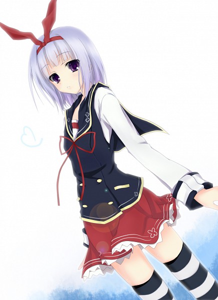 1girl, 7gear, animal_ears, blue_hair, female, gradient, gradient_background, hair_ribbon, hatachi, otonashi_shizuka, purple_hair, rabbit_ears, ribbon, school_uniform, short_hair, solo, striped, striped_legwear, thigh-highs, violet_eyes, white_background, zettai_ryouiki