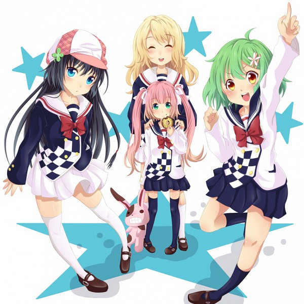 4girls, 7gear, amagane_mikoto, black_hair, blue_eyes, closed_eyes, doughnut, everyone