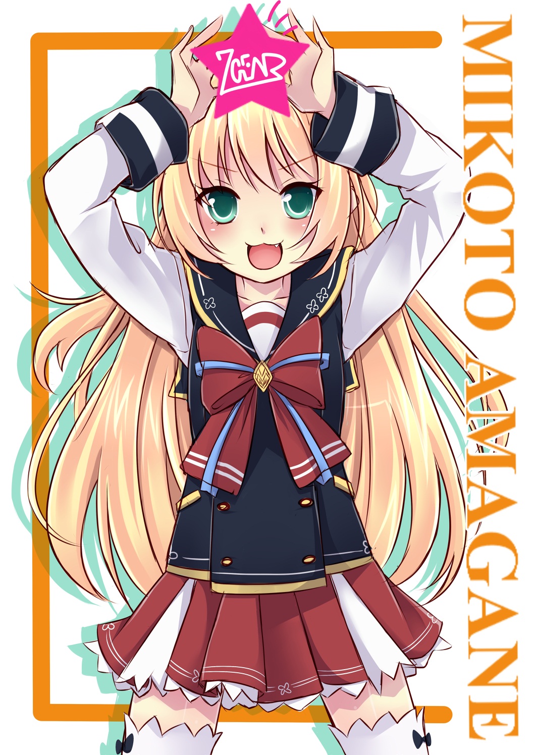1girl, 7gear, :3, amagane_mikoto, bad_id, blonde_hair, fang, female