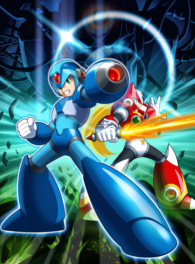 2boys, android, arm_cannon, blonde_hair, capcom, helmet, mega_man_(series), mega_man_x_(series)