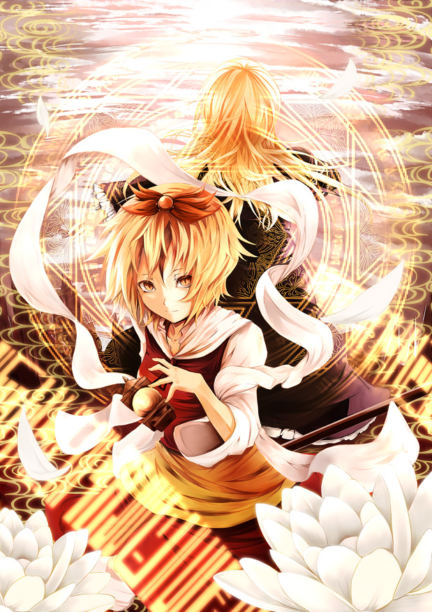 2girls, bad_id, bishamonten's_pagoda, blonde_hair, female, flower, hair_ornament, hijiri_byakuren