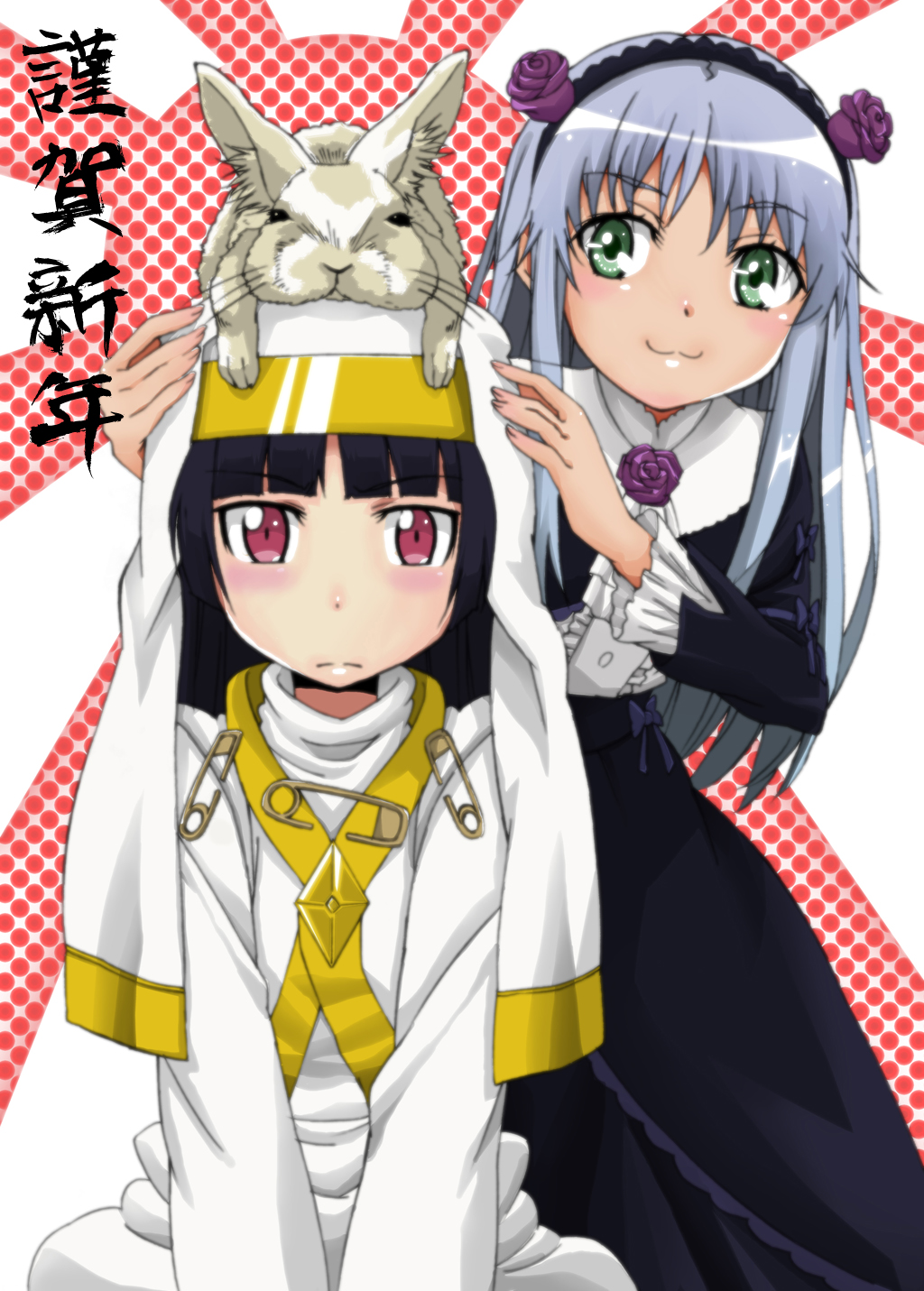 2girls, animal, cosplay, costume_switch, crossover, gokou_ruri, gokou_ruri_(cosplay), highres, index, index_(cosplay), making_of, multiple_girls, new_year, ore_no_imouto_ga_konna_ni_kawaii_wake_ga_nai, puruu, rabbit, to_aru_majutsu_no_index, translated