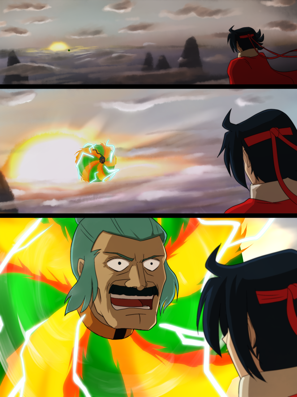 2boys, black_hair, braid, cape, clouds, comic, domon_kasshu, facial_hair