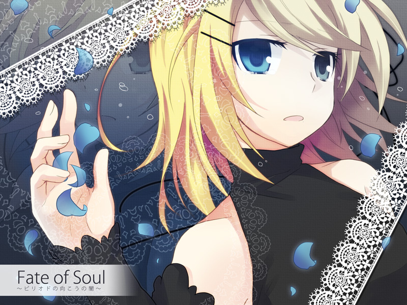 1girl, blonde_hair, blue_eyes, fate_of_soul_(vocaloid), hair_ornament, kagamine_rin, lace, petals, solo, tagme, tamura_hiro, vocaloid