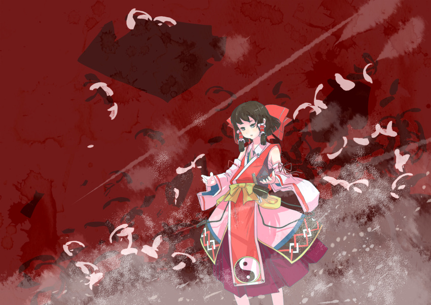 1girl, adapted_costume, bow, brown_hair, detached_sleeves, female, gozaemon, gyoza_emon