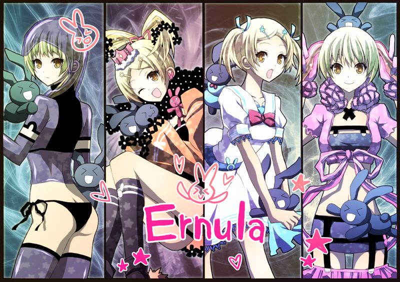 >_<, 1girl, alternate_costume, ass, bad_id, blonde_hair, bow, closed_eyes
