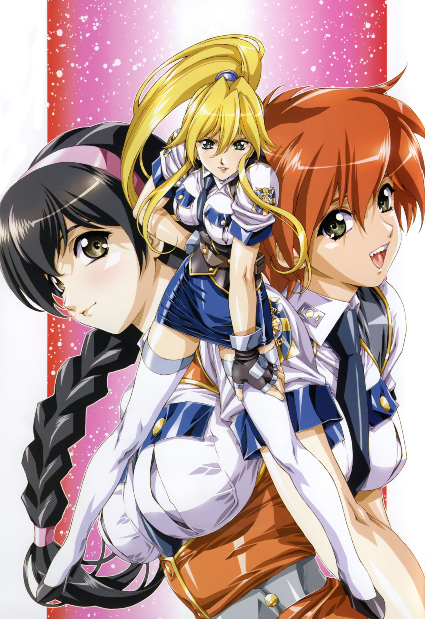 00s, 3girls, black_eyes, black_hair, blonde_hair, braid, brais, burn-up