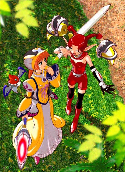 2girls, :d, ^_^, arm_gloves, bare_shoulders, belt, boots, clenched_hand