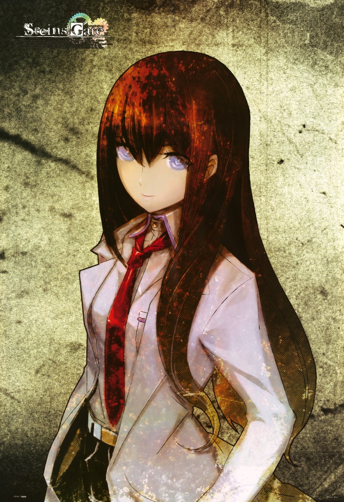 1girl, blue_eyes, brown_hair, formal, huke, labcoat, long_hair, makise_kurisu