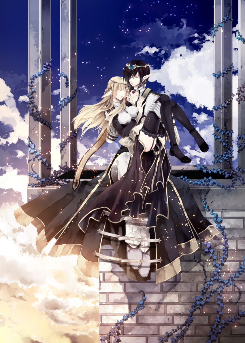 1boy, 1girl, archbishop, black_hair, blonde_hair, carrying, garter_belt, half_updo, high_priest, highres, legs, long_hair, pointy_ears, princess_carry, ragnarok_online, short_hair, sitting, takamura_ryou, thigh-highs