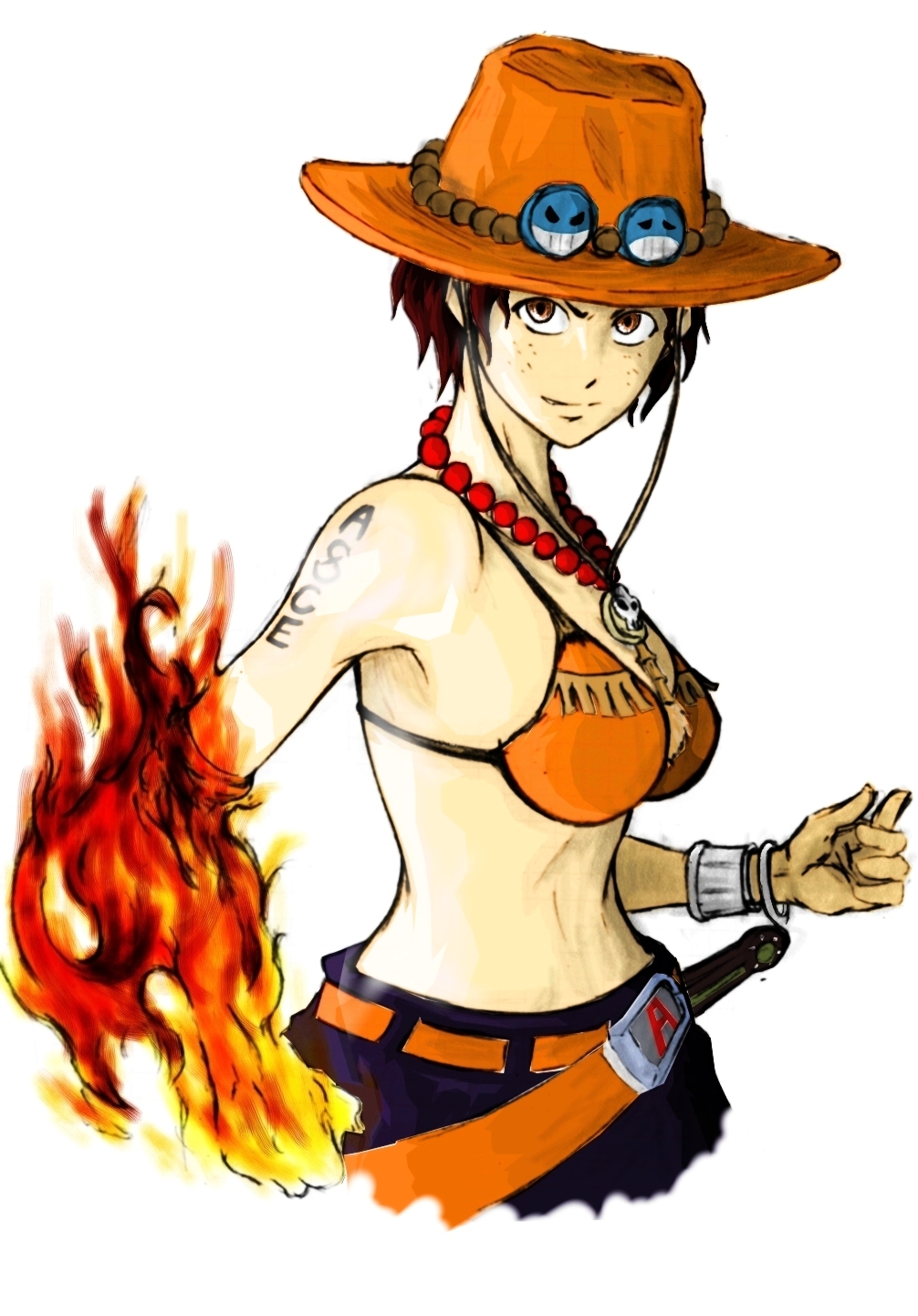 1girl, armpits, bad_id, bare_shoulders, belt, bikini_top, black_hair, bra