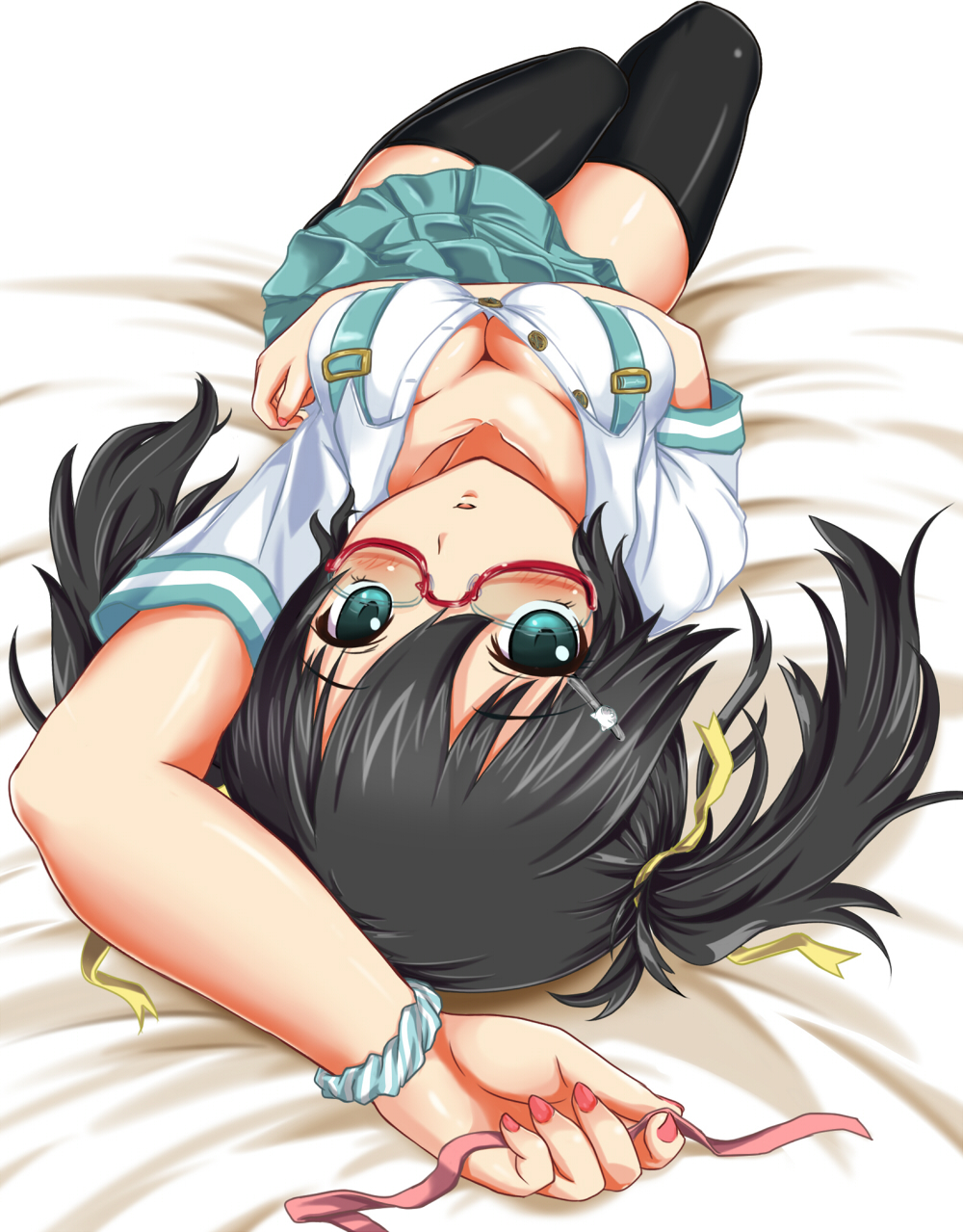 1girl, anonimasu, arm_up, bad_id, black_hair, black_legwear, blush, breasts
