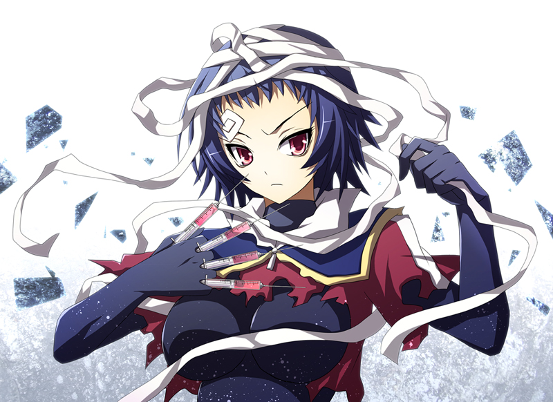 >:(, 1girl, bandage, blue_hair, bodysuit, kurokami_kujira, medaka_box, naze_youka