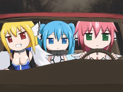 3girls, angel_wings, animated, animated_gif, astraea, blonde_hair, blue_eyes, blue_hair