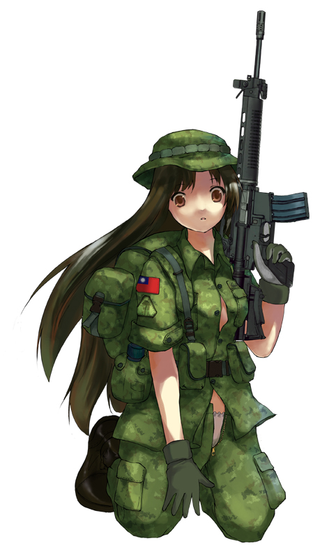 1girl, 5.56x45mm_nato, army, assault_rifle, backpack, bag, boots, camouflage, canteen, digital, gloves, gun, hat, long_hair, military, military_uniform, panties, rifle, simple_background, solo, t-91, taiwan, unbuttoned, underwear, uniform, unzipped, weapon, white_background