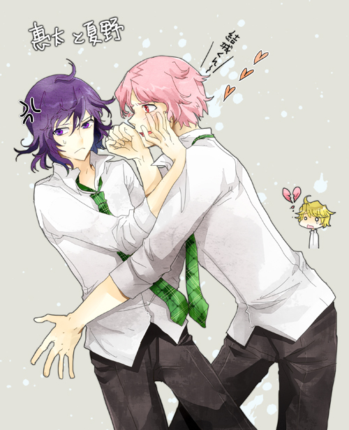 3boys, anger_vein, blue_hair, broken_heart, commentary_request, genderswap, genderswap_(ftm), heart