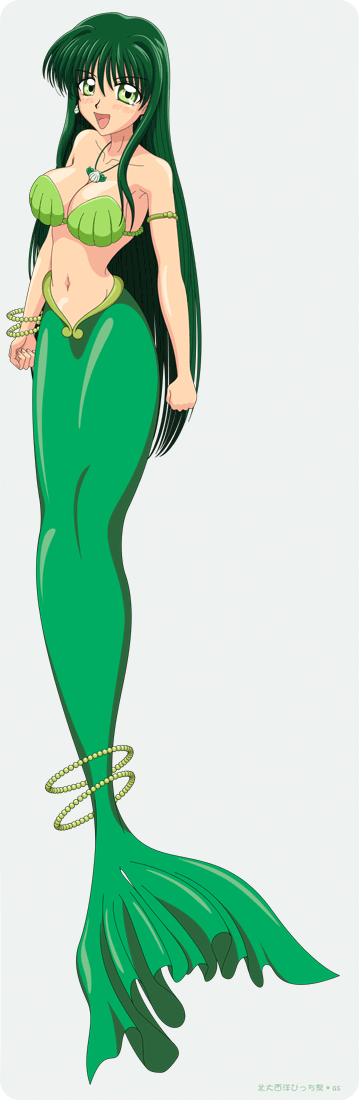 00s, 1girl, azu._(azu_pitch), bikini, bracelet, breasts, female, full_body, green_eyes, green_hair, jewelry, long_hair, mermaid, mermaid_melody_pichi_pichi_pitch, monster_girl, necklace, simple_background, solo, swimsuit, touin_rina