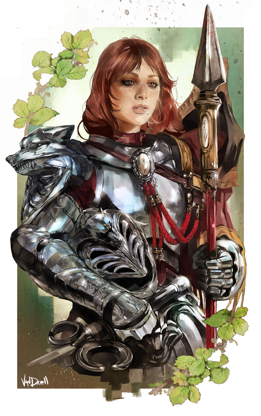 1girl, armor, brown_eyes, brown_hair, daniel_oduber, freckles, full_armor, gauntlets