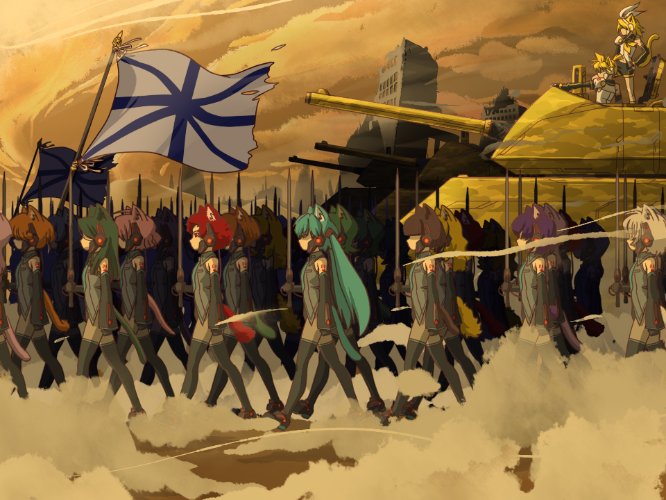 1boy, 6+girls, animal_ears, army, cat_ears, flag, ground_vehicle, hatsune_miku