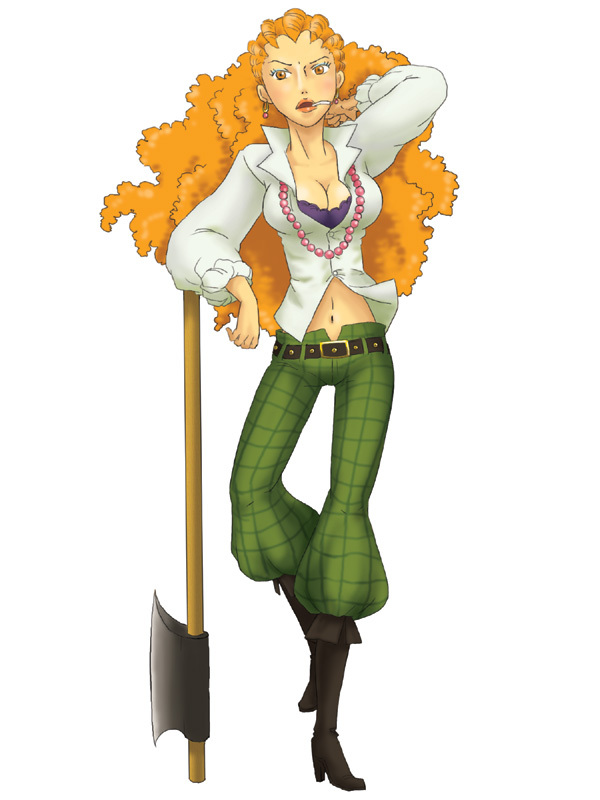 1girl, axe, bandit, belt, boots, breasts, brown_eyes, cigarette
