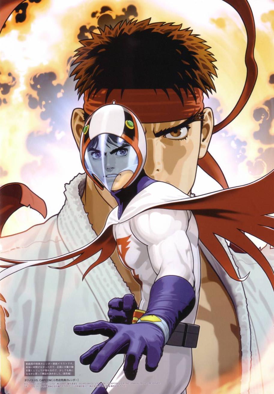 2boys, brown_eyes, brown_hair, capcom, cape, gatchaman, gloves, headband