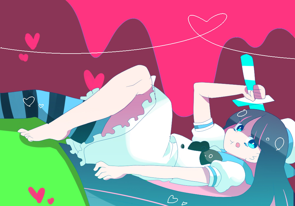 1girl, bad_anatomy, bad_id, barefoot, chiiko_(handakuon), panty_&amp;_stocking_with_garterbelt, poorly_drawn, solo, stocking_(psg), striped, striped_legwear, sword, thigh-highs, weapon, yiiko