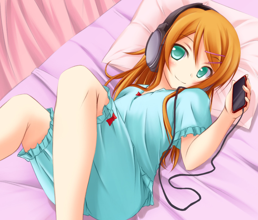 1girl, aqua_eyes, bad_id, bed_sheet, blush, brown_hair, griefwear, hair_ornament