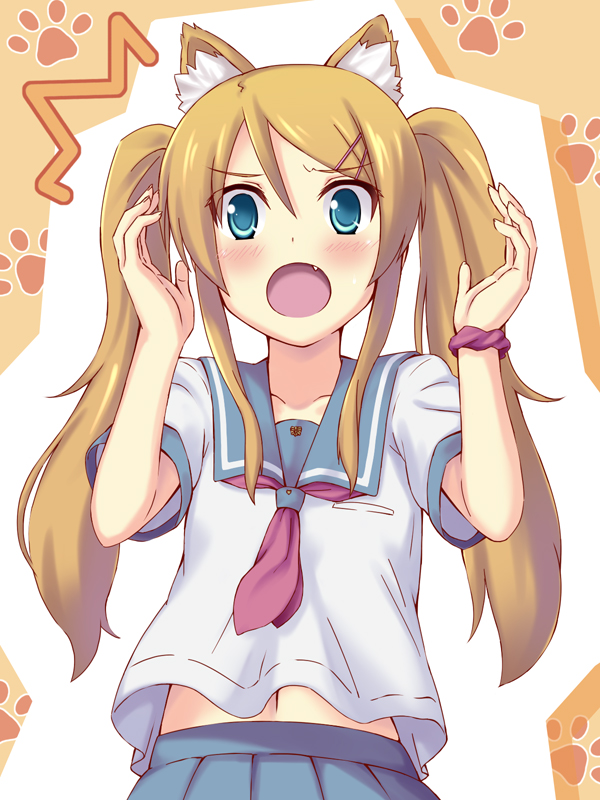 1girl, :o, alternate_hairstyle, animal_ears, aqua_eyes, blush, brown_hair, cat_ears, fang, hair_ornament, hairclip, kemonomimi_mode, kousaka_kirino, long_hair, navel, necktie, open_mouth, orange_hair, ore_no_imouto_ga_konna_ni_kawaii_wake_ga_nai, school_uniform, serafuku, shiwasuzuki, skirt, solo, twintails