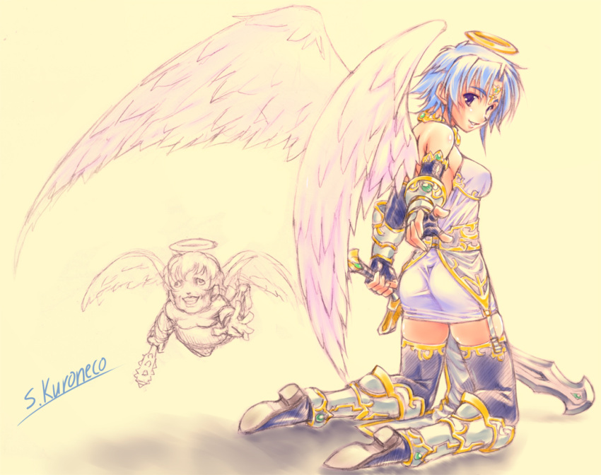 angel, armor, ass, bad_id, bare_shoulders, blue_eyes, blue_hair, dress