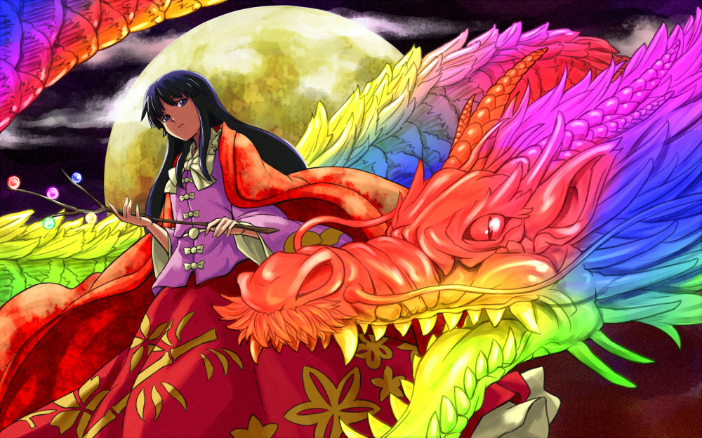 1girl, black_hair, branch, colorful, dragon, eastern_dragon, female, houraisan_kaguya