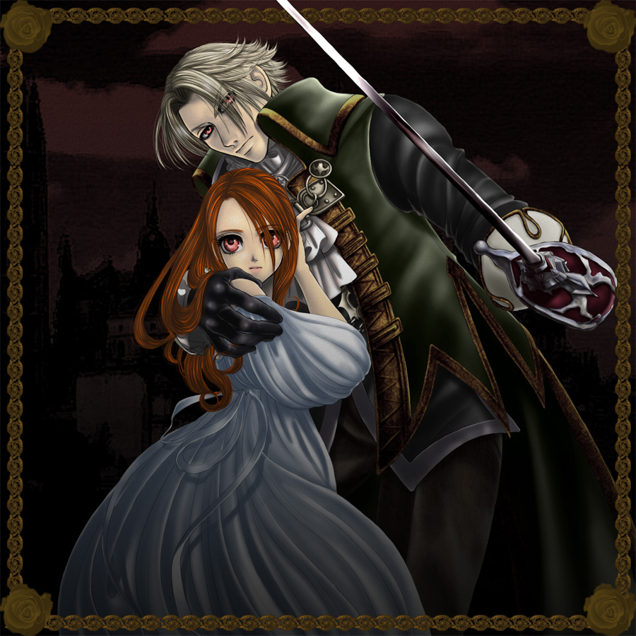 1boy, 1girl, amy_sorel, bare_shoulders, black_gloves, blonde_hair, cape, cravat