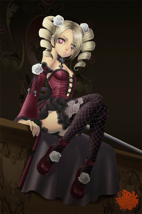 1girl, alternate_color, alternate_hair_color, amy_sorel, bare_shoulders, blonde_hair, choker, detached_sleeves